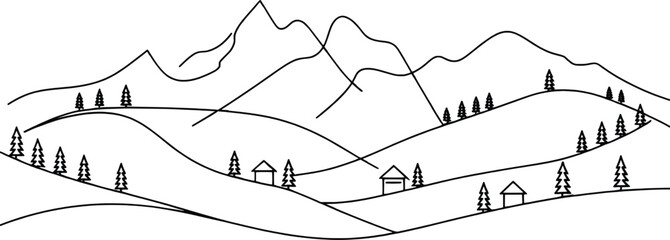 Simple hand drawn landscape with mountains rolling hills and trees sketch art