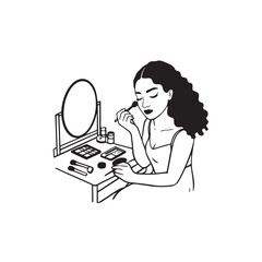 Black and white line art of a beautiful woman doing makeup at dressing table with mirror illustration