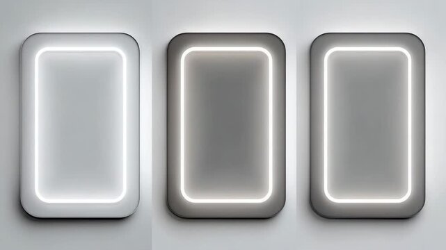 Modern Abstract Triptych Wall Art with Neon Light Frames. Dynamic Three Panel Minimalist Glowing Poster Design for Advertising, Product Display and Contemporary Interior Decoration. Video