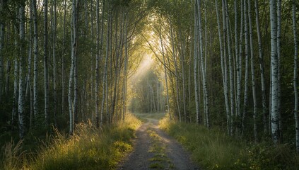 Hidden Birch Forest Pathway with Morning Mist