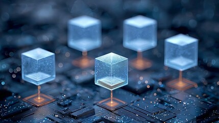 Digital cubes floating above a circuit board with glowing connections
