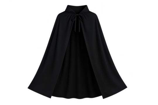 Elegant black hooded cloak isolated on a transparent background, dramatic