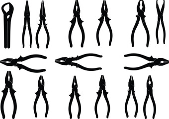 silhouette, pliers, tool, grip, cut, bend, clamp, handle, jaw, metal, work, repair, construction, equipment, vector, black, icon, design, hardware, mechanic