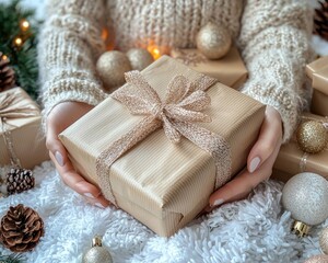 Hands holding a wrapped gift surrounded by Christmas decorations