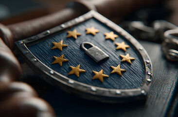 European Cyber Resilience Act with shield icon, padlock EU data protection, digital security laws. Includes gavel, legal books representing justice, regulation, emphasizing cyber governance, network