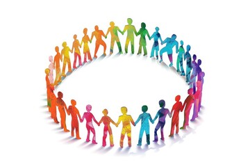A vibrant circle of diverse, colorful figures holding hands, creating a sense of unity and community.  The figures are stylized and appear to be made of paper