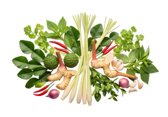 Overhead shot of fresh thai herbs and spices, including galangal, lemongrass, kaffir lime leaves, chilies, and basil isolated on transparent background