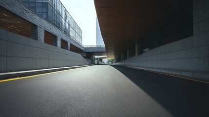 Modern urban roadway under a covered structure with glass and concrete buildings on either side
