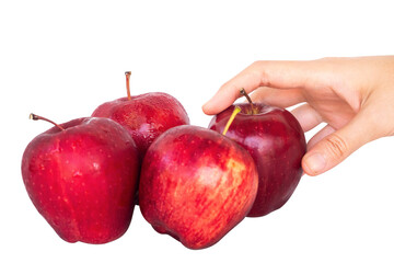 hand gesture picking a fresh red apple with an isolated white background