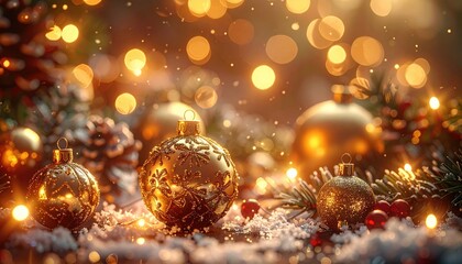 Christmas Golden Baubles and Snowflakes with Warm Bokeh Lights Background a Festive Holiday Scene