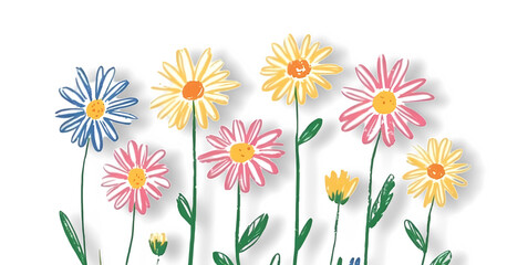 A playful depiction of a summer meadow full of various colorful, sun-kissed blossoms on transparent background.