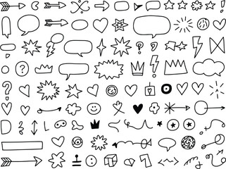 Collection of hand-drawn doodle icons symbols speech bubbles arrows hearts stars and crowns for design projects