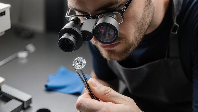 Jeweler closely inspects sparkling round diamond using magnifying glasses and tweezers, focusing intently on gemstone clarity and cut in professional setting