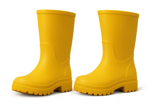 Pair of vibrant yellow rubber boots isolated on a transparent backdrop, trendy