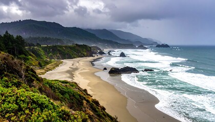 Obraz premium Dramatic coastal scenery with a beach, cliffs, and stormy sky
