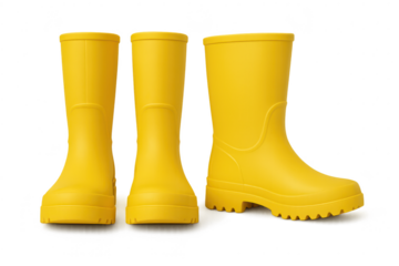 Three yellow rubber rain boots, isolated on transparent backdrop, waterproof