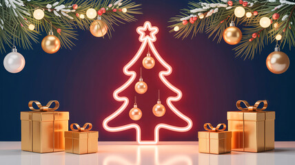 Modern glowing neon Christmas tree outline with golden hanging ornaments, wrapped gift boxes, shiny baubles and festive decoration lights, perfect for holiday celebrations