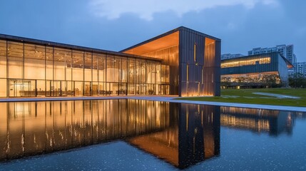 Modern architectural building with glass facade and water reflection at dusk