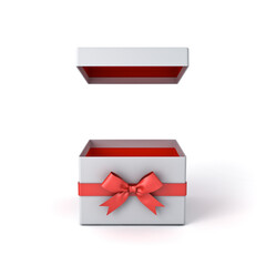 Front view of blank open square gift box with lid cover or opened present box product mock up display showcase with red ribbons and bow isolated over white background minimal concepts 3D rendering