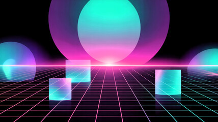 Futuristic vaporwave inspired background with glowing spheres, cubes and neon horizon grid in purple, cyan and pink tones, designed as retro-futuristic digital landscape