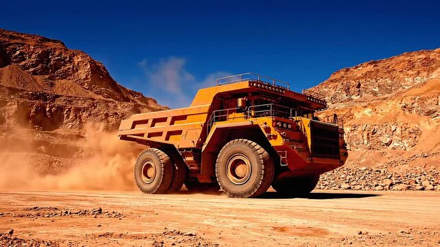 Large orange mining truck driving on a dirt road in a quarry, kicking up dust.