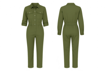 Olive green jumpsuit on transparent background, stylish garment isolated