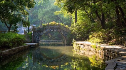Stone arch bridge over calm water in a lush green park with reflections and trees