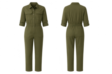 Olive green jumpsuit, isolated on transparent background, stylish outfit design