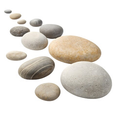 Row of smooth pebbles isolated on transparent background in studio shot