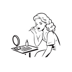 Black and white line art of a beautiful woman doing makeup at dressing table with mirror illustration
