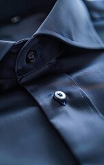 Close-up of a dark-blue, button-down collared shirt's neckline and top buttons, showcasing its smooth texture and tailored fit
