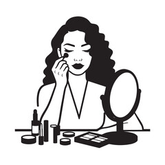 Black and white line art of a beautiful woman doing makeup at dressing table with mirror illustration
