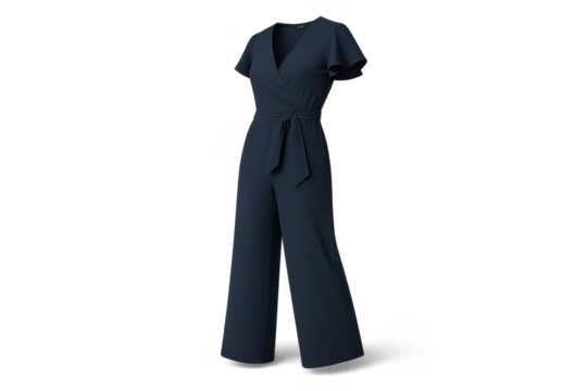 Elegant blue jumpsuit with flutter sleeves isolated on transparent background