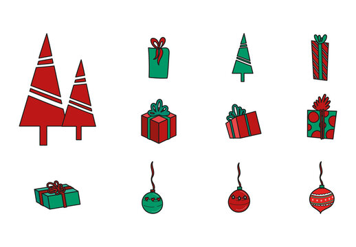 Green And Red Christmas Retro Icons Set