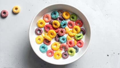 A bright, overhead (top-down) shot of a white ceramic bowl filled with sweet, brightly colored, ring-shaped breakfast cereal floating in fresh milk. The cereal displays a variety of colors—red, yellow