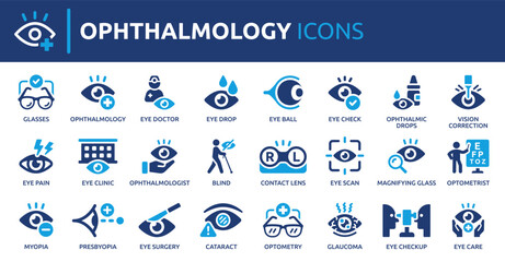 Ophthalmology icon set, medical eye care, optometry and vision correction vector symbol.