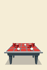 Beer pong table illustration in minimal style, red cups and balls on beige background, party and drinking game concept with space to copy