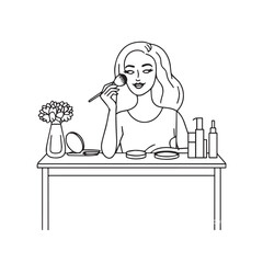 Black and white line art of a beautiful woman doing makeup at dressing table with mirror illustration
