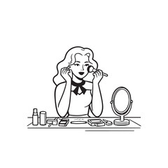 Black and white line art of a beautiful woman doing makeup at dressing table with mirror illustration
