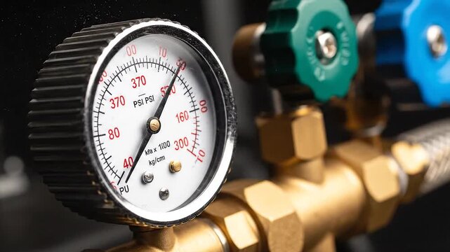 A close-up of an industrial pressure gauge connected to brass pipes and valves, measuring fluid pressure.