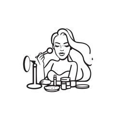Black and white line art of a beautiful woman doing makeup at dressing table with mirror illustration
