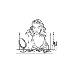 Black and white line art of a beautiful woman doing makeup at dressing table with mirror illustration
