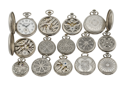 Collection of vintage silver pocket watches with intricate designs isolated on transparent background, showcasing antique timepieces and craftsmanship