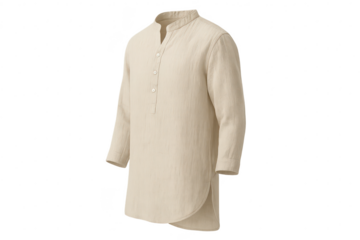 Stylish cream men's linen henley shirt, isolated on transparent background, fashion