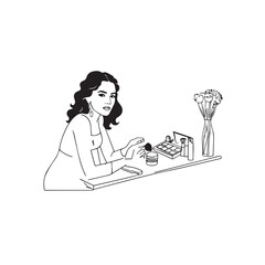Black and white line art of a beautiful woman doing makeup at dressing table with mirror illustration
