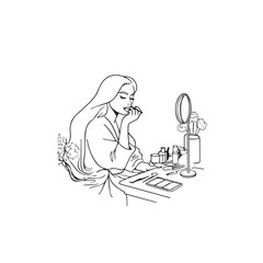 Black and white line art of a beautiful woman doing makeup at dressing table with mirror illustration

