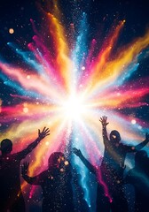 Audience celebrating colorful light burst at a music festival revelry