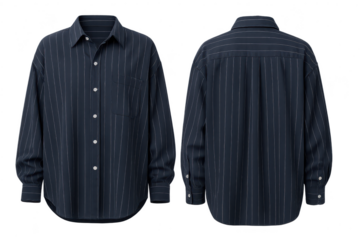 Navy pinstripe shirt, front and back, isolated on transparent background.