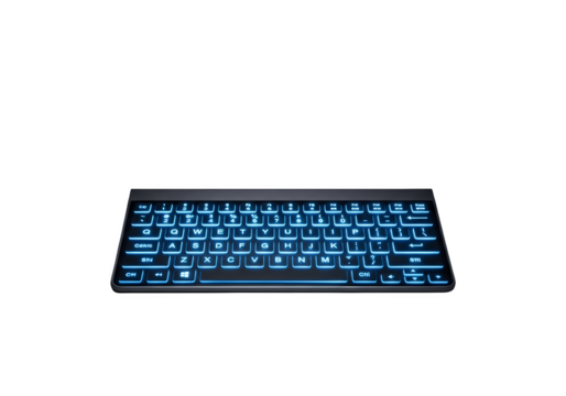 Illuminated keyboard with blue backlight isolated on transparent background, a modern input device for computer use, enhancing visibility and aesthetics