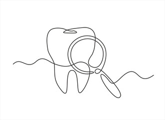 Continuous one line drawing of tooth and magnifying glass. Dental Checkup concept. Hand drawn one line vector. Editable stroke